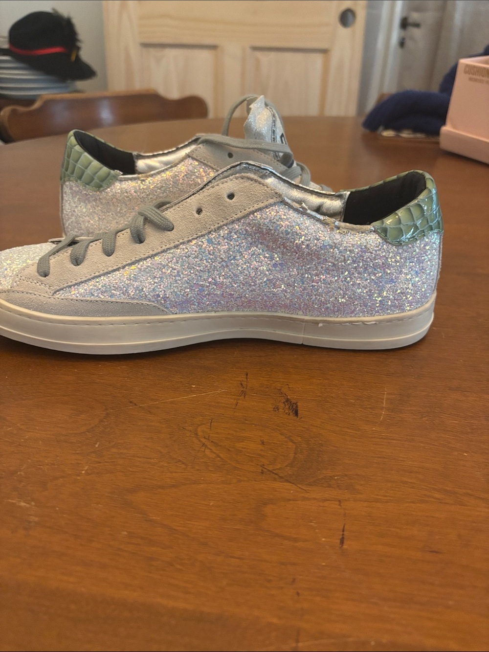 P448 John Iridescent White Glitter Low Top Sneakers Green Croc Size 40 - Picture 6 of 11